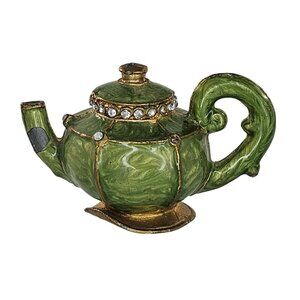 Miniature Green Teapot Candle Snuffer Rhinestone Accents Gold Trim Lead Enamel